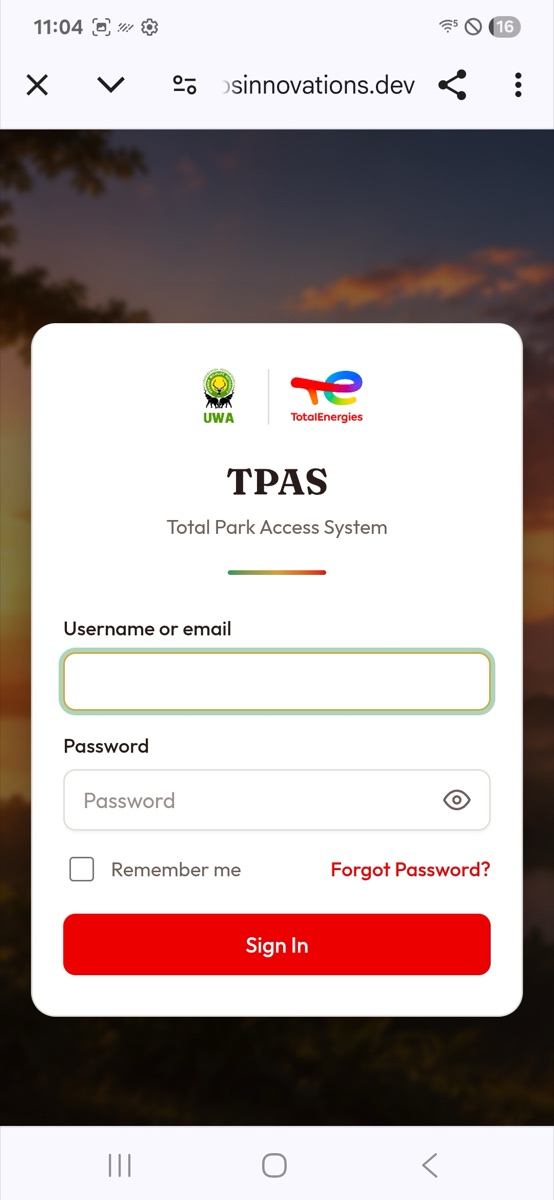 The TPAS sign-in page, in the phone's browser